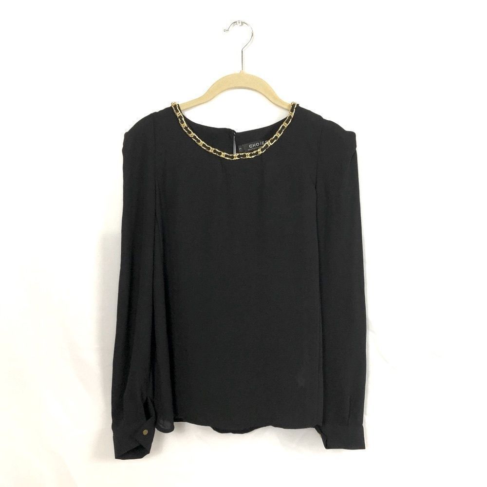 CHOIES Black w/ Gold Chainlink Round Collar Puff Sleeve Long Sleeve Blouse